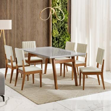 Imagem de Conjunto Sala de Jantar Mesa 154cm com Tampo de Vidro Onix com 6 Cadeiras Milão Madetal - Mel/Nude/Bege