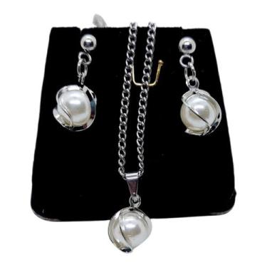 Imagem de Conjunto Feminino CHOKER Colar Brinco Aço Inox Pérola