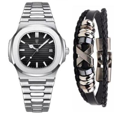 Imagem de Relógio Social Masculino Old Money Aço Inox +Bracelete Couro-Masculino