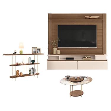 Imagem de Home Suspenso Astor Castanho Off White E Mesa De Centro Sky Com Tampo De Vidro E Aparador Infinity Castanho - Hb Móveis