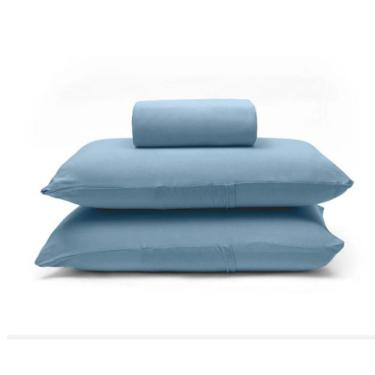 Imagem de Jogo de Cama Basic Casal 3 Peças 100% Algodão em Malha Penteada Fio 30-1 Liso Azul Jeans