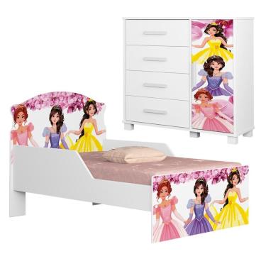 Imagem de Mini Cama Infantil 153x79 e Comoda 4 Gavetas 1 Porta MDF Livia Decmade