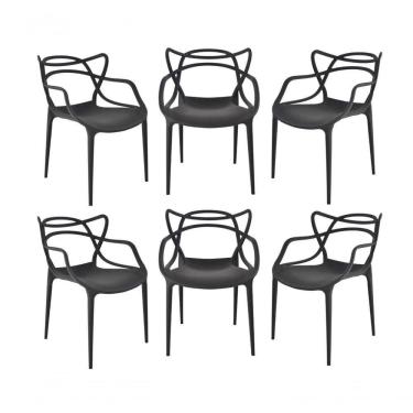 Imagem de Kit 6 Cadeiras Allegra em Plástico Preto para Sala de Jantar Cozinha e Área Externa