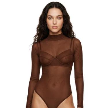 Imagem de Body de Tule Transparente Manga Longa Kyara, Marrom, GG