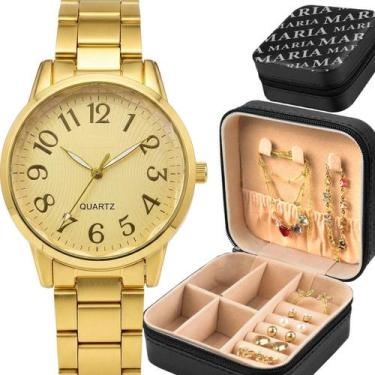 Imagem de relogio feminino aco banhado + pulseira colar + porta joia 18k aço ino