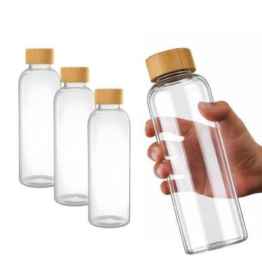 Imagem de Kit 3 Garrafa Squeeze De Vidro Água Chá Suco 750ml Tampa Bambu - CLICK
