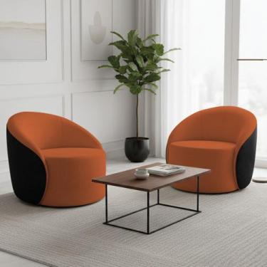 Imagem de Poltrona Sala Orgânica Kit 2 Lua Fixa Sintético PU Preto/Bouclê Terra 