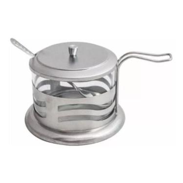 Imagem de Açucareiro Inox E Vidro 200Ml Com Colher Açucar Café Cha - LIVON