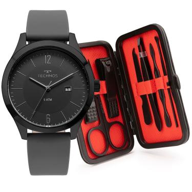 Imagem de Kit Technos Masculino Steel 2115MOU-K2P Relógio Analógico Pulseira Silicone Esportivo Preto
