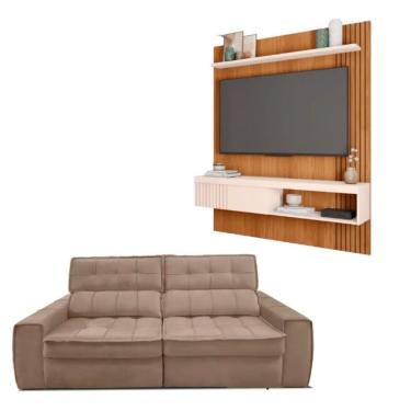 Imagem de Kit Sofá 3 Lugares Retrátil e Reclinável América com Painel para TV Esmeralda Bege Estofados Matielo