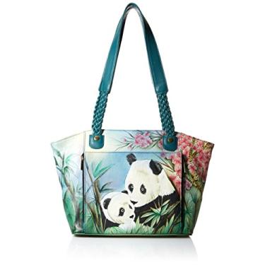 Imagem de Anna by Anuschka Bolsa feminina de couro genuíno com alça trançada Leste-Oeste - Arte original pintada à mão, Panda adorável, One Size