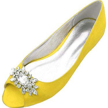 Imagem de Sapato de casamento feminino peep toe strass sem salto para noivas dama de honra, Amarelo, 6