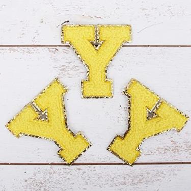 Imagem de Pacote com 3 adesivos de Chenille Iron On Glitter Varsity Letter 8 cm de altura "Y" - Tecido de chenille amarelo com acabamento em glitter dourado - Costurar ou passar a ferro - 8 cm YEL Y