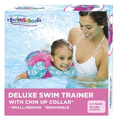 Imagem de SwimSchool Swim Trainer Vest with UPF50 Shoulder Sleeves, Stretchable Fabric, Flex-Form Design, Adjustable Safety Strap, Small/Medium, Up to 33 Lbs., Pink/Aqua, S/M Up to 33 lbs. (AZT15123SM)