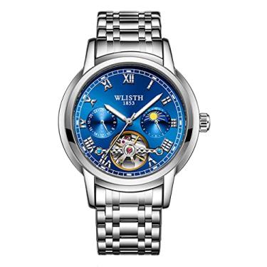 Imagem de Relógio de pulso mecânico masculino Noble Business movimento automático esqueleto perspectiva tridimensional exibição da fase da lua negócios luxo, Azul
