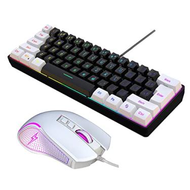 Imagem de Chusui Kit de teclado e mouse de computador USB V700BW+X100 com retroiluminação RGB com fio de 61 teclas + mouse para jogos com fio Iluminação LED colorida DPI de 4 níveis máximo de 3600 DPI para CX