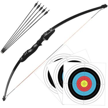 Imagem de Arco e Flecha Destro Profissional Preto em Madeira Palhetas de Alumínio 40lbs + 5 Flechas com Ponta de Alumínio Para Treino Tiro ao Alvo Esportivo