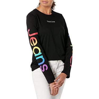 Imagem de Calvin Klein Camiseta feminina com logotipo de viagem, Preto, P