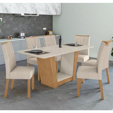 Imagem de Conjunto Sala de Jantar Mesa com Tampo de Vidro 170cm e 6 Cadeiras Apogeu Móveis Lopas Rovere Naturale/off White/linho Rinzai Bege