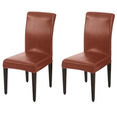 Imagem de Capas de couro para cadeiras de jantar, capas de cadeira extensíveis, macias, à prova d'água, protetor de cadeira, para sala de jantar, cozinha, hotel (Color : Dark coffee, Size : 2)