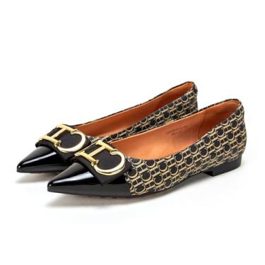 Imagem de Sapatilhas femininas clássicas de couro bico fino com estampa de letras, sapatos casuais de salto baixo, Preto, 6.5