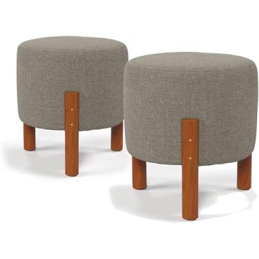 Imagem de Kit 2 Puff Redondo Luxo Decorativo Charme com Pés de madeira Linho Cinza