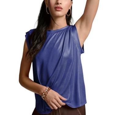 Imagem de Tankaneo Camisetas femininas brilhantes casuais de verão sem mangas gola redonda com glitter, Azul royal, G