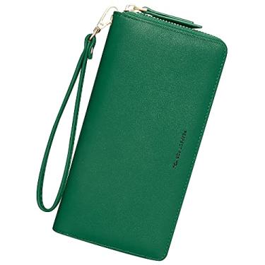 Imagem de GEEAD Carteiras femininas de couro PU de grande capacidade com porta-cartão de crédito clutch carteira de pulso, Verde, Minimalista