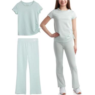 Imagem de Reebok Conjunto de leggings flare para meninas – 2 peças, camiseta de malha waffle justa e calça de ioga de perna larga (7-12), Aqua Dust Baby Mint, 7