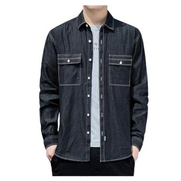 Imagem de Camisa jeans masculina, manga comprida, cor sólida, caimento solto, gola aberta, botões frontais, Preto, XXG