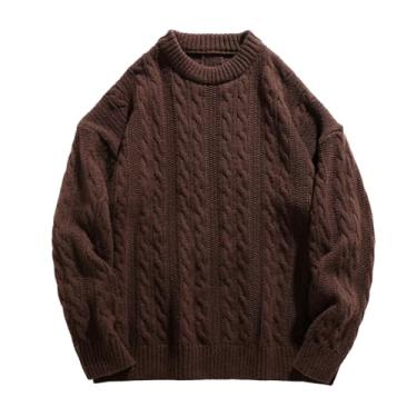 Imagem de Suéter masculino sólido colr fino camada base impressão torcida pulôver tricotado camada base gola redonda tricotado, Café, M
