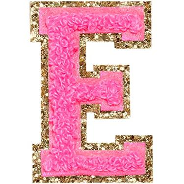 Imagem de 3 Pçs Chenille Letter Patches Ferro em Patches Glitter Varsity Letter Patches Bordado Bordado Borda Dourada Costurar em Patches para Vestuário Chapéu Camisa Bolsa (Rosa, E)