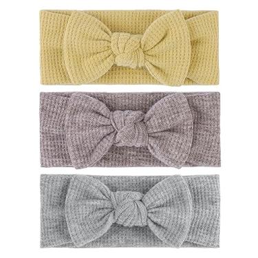 Imagem de Lanmerry Faixas de cabelo para bebês meninas com laços, elásticos, acessórios de cabelo feitos à mão, recém-nascidos, crianças, pacote com 3, amarelo, cinza cáqui escuro