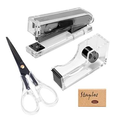 Imagem de Conjunto de tesouras de grampeador de fita de acrílico preto transparente com fita N 950 peças 24/6 grampos de ouro rosa, conjunto de mesa de papelaria de acrílico resistente para escola, casa e escritório (Preto)