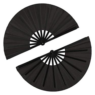 Imagem de YQHWLKJ 2 peças grande ventilador dobrável de tecido de nylon ventilador dobrável portátil Kung Fu Tai Chi ventilador preto decoração dobrável ventilador de mão
