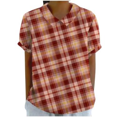 Imagem de PKDong Blusa de linho feminina gola Peter Pan camisa listrada manga curta botão abertura nas costas camiseta casual tops verão 2024, Vermelho, GG