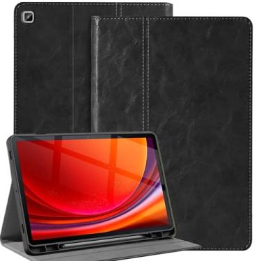 Imagem de Gexmil Capa de couro genuíno para Samsung Galaxy Tab S6 Lite de 10,4 polegadas com suporte para lápis, capa protetora à prova de choque ajustável inteligente premium flip para tablet, preta