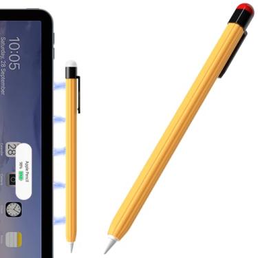 Imagem de AZF Estojo de lápis com design listrado, compatível com Apple Pencil 2ª geração, capa de silicone antiderrapante e fina com dois clipes resistentes (amarelo)