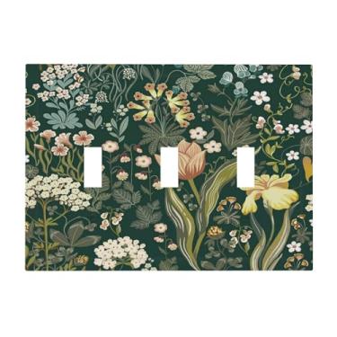 Imagem de Xuejiaku Capa de interruptor de luz vintage floral verde planta 3 gangues placa de interruptor de luz tripla placa de interruptor de flor botânica interruptor decorativo capas de tomada placa de