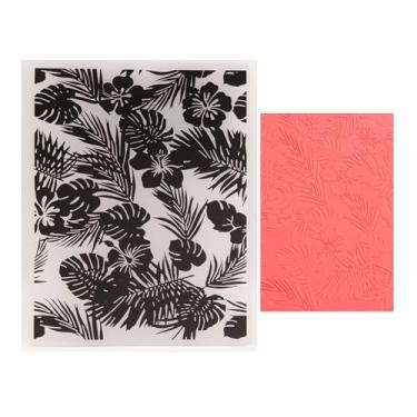 Imagem de DIYology Pastas de plástico com flores de hibisco para fazer cartões, textura de folhas de palmeira, estênceis em relevo para artesanato em papel DIY, álbum de recortes, decoração de fotos