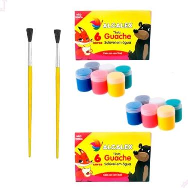 Imagem de Kit Tinta Guache Cores Pintura Artística Infantil Escolar + 2 Pincéis