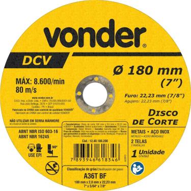 Imagem de Disco de Corte Fino 2,0mm DCV Vonder 7" - 180mm