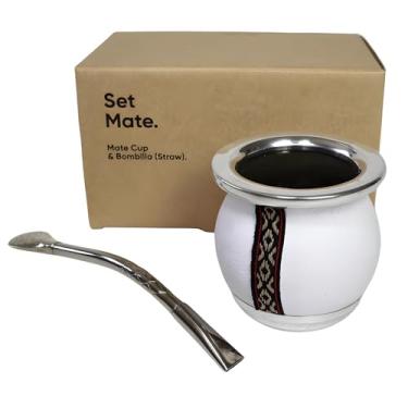 Imagem de thebmate [Tiny Mate Conjunto Premium Yerba Mate Xícara de Chá de Cerâmica Artesanal - Couro Branco Embrulhado Feito à Mão no Uruguai - Conjunto Mate Tiny com Palha Bombilla Prata Alemã e Escova de