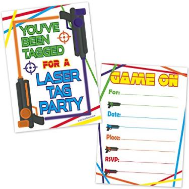 Imagem de Old Blue Door Invites Laser Tag Convites para festa de aniversário (20 unidades com envelopes) - Convites de festa infantil para meninos e meninas - Artigos de festa com etiqueta a laser
