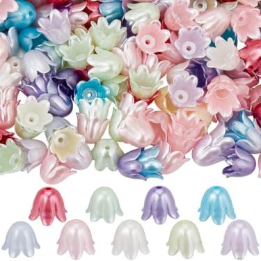 Imagem de SUNNYCLUE 500 peças de tampas de contas de flores de plástico contas florais a granel transparente colorido sino de trompete em forma de flores mini espaçador solto com orifício para fazer joias,