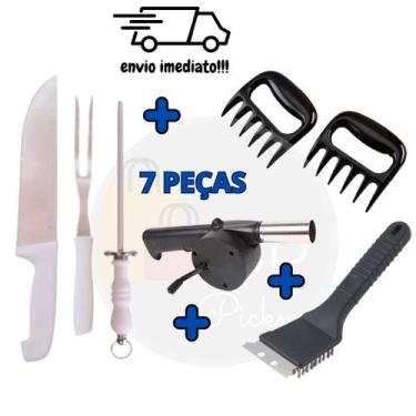 Imagem de Kit Churrasco Premium: Garfo, Faca, Garras, Soprador, Amolador, Acende