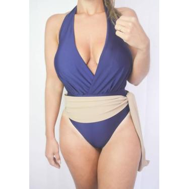 Imagem de Maiô cortinão com laço na cintura - Lado praia, Azul marinho com laço 