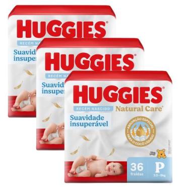 Imagem de Kit 3 Fralda Huggies Natural Care Tamanho P 36 Fraldas Descartáveis