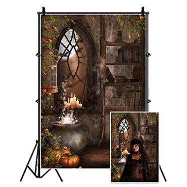 Imagem de AOFOTO 1,5 x 2,12 m Vintage Magic Room Background Witch Magical Potion Photography Backdrop Medieval Wizard Candle Pumpkin Broom Bookshelf Boy Girl Child Retrato Halloween Photo Studio Adereços Papel