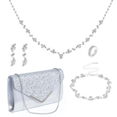 Imagem de Jmkcoz Conjunto de joias femininas com strass, 5 peças, colar de cristal para noivas, brincos, anel, bolsa, bolsa de noite, bolsa para noivas, dama de honra, casamento, festa noturna de Halloween,